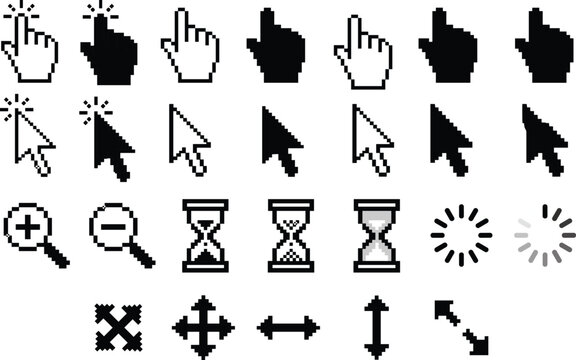 Pixelated computer cursor icons collection featuring arrows hands magnifying glass hourglass loading indicators resizing directional symbols
