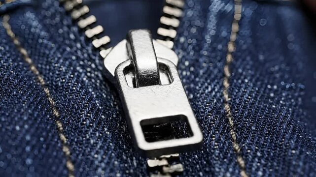 Closeup of a Metal Zipper on Blue Denim Fabric 1.
