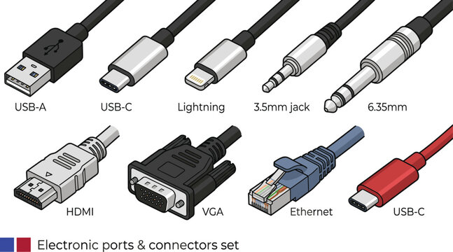 Electronic ports and connectors set, computer cable plugs and audio jacks, cad drawing flat vector illustration
