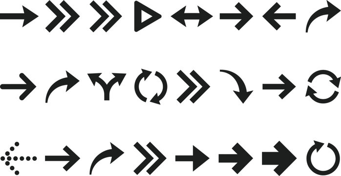 Variety of directional arrow icons including solid outlined dotted curved circular rotational designs for navigation and movement symbols