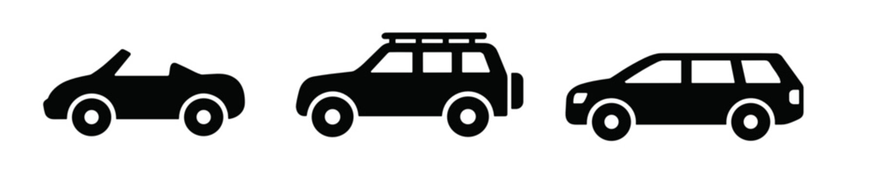 Three black silhouettes of different car types: convertible, SUV and sedan on transparent background. Clean minimal vehicle icons.