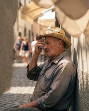 Elderly man wearing hat leaning against brick wall in shade wiping sweat with cloth. Tired senior man resting on city street during hot summer day. Extreme heat health danger concept.