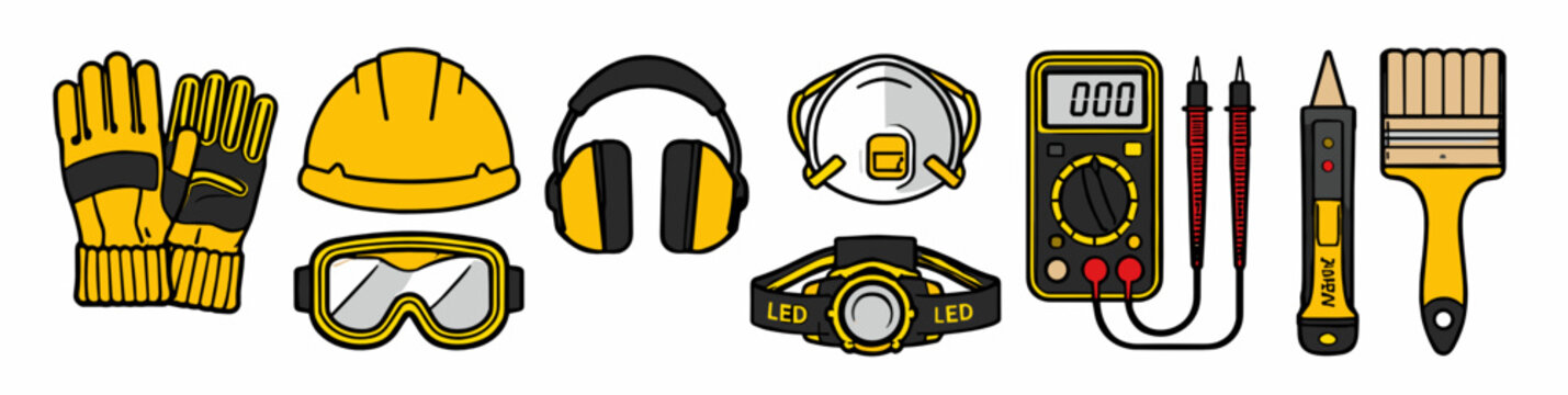 Flat vector set of protective gear and electrical tools including helmet, gloves, tester and screwdriver. Workplace safety and engineering concept isolated on white background