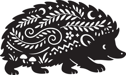 Ornamental Hedgehog Silhouette Vector Illustration with Floral Folk Art Pattern for Wildlife Logo, Tattoo and Decorative Branding Use © MdAbdul