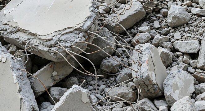 Gray rocks and broken concrete with thin wires on ground