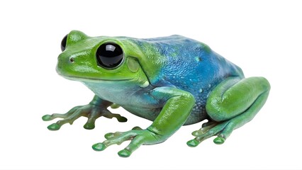 Obraz premium A vibrant green and blue frog with large black eyes sitting on a white background
