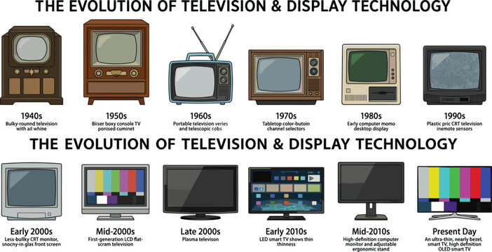 Evolution of television and display technology set, cad drawing flat vector illustration isolated on white background