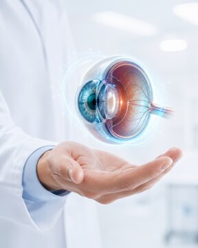 Ophthalmology image showing a hand presenting a floating anatomical human eye in a clinical setting. AI generative