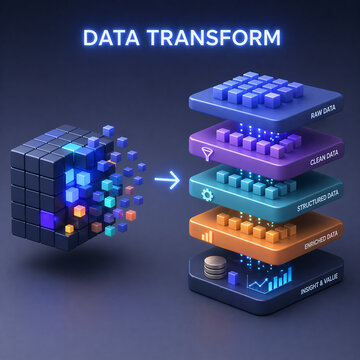 Abstract Digital Data Transformation Process Visualization: Raw Data Blocks Moving Through Cleaning, Structuring, and Enrichment Leading to Insights in a Futuristic Gradient Space
