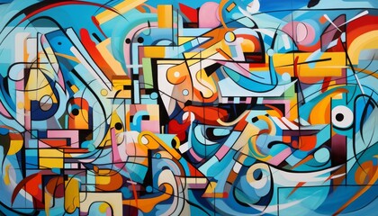 Fototapeta premium Vibrant abstract composition featuring colorful shapes and fluid lines creating a dynamic visual experience