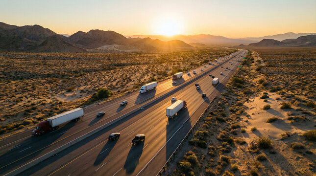 Aerial View of Trucks and Cars on a Desert Highway During a Golden Sunset