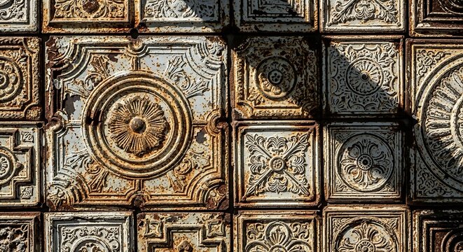 Ornate metallic ceiling tiles with decorative patterns