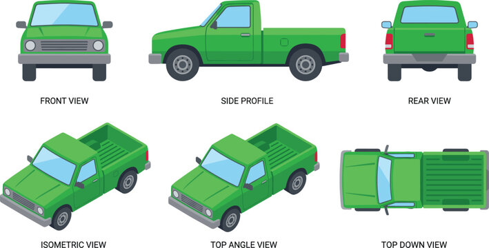 Green pickup truck vector set with front, side, rear, isometric, and top down view illustration