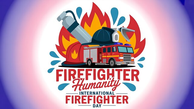 International firefighter day with fire truck and flames fire engine firefighter emergency profession colorful