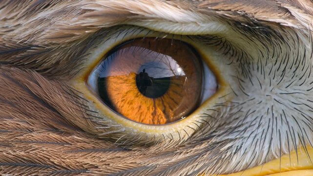 Extreme Macro Close Up of a Raptor Bird Eye Showing Detailed Amber Iris and Brown Feathers Texture for Wildlife Education and Nature Photography