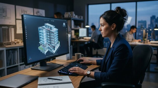 A woman in a modern office working on a computer with a 3D building design on the screen