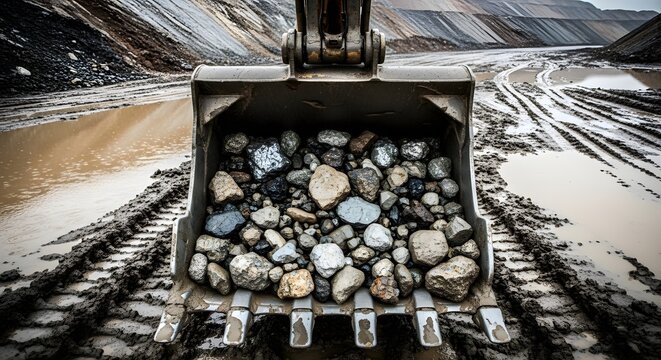 Industrial excavator bucket full of anthracite coal and rare earth mineral deposits. Surface mining operations focusing on energy production and valuable mineral recovery in a deep pit site