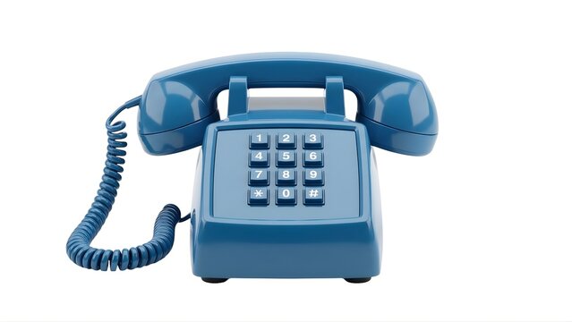 A blue landline telephone with a corded handset and keypad on a white background