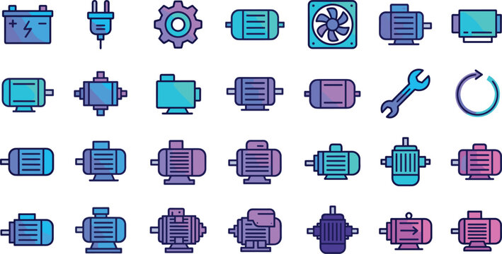 Electric motor and mechanical components icon set with engines fans gears and industrial equipment for engineering and maintenance design