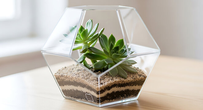 Mini terrarium with succulent plant in geometric glass container mockup, blank spaces for text