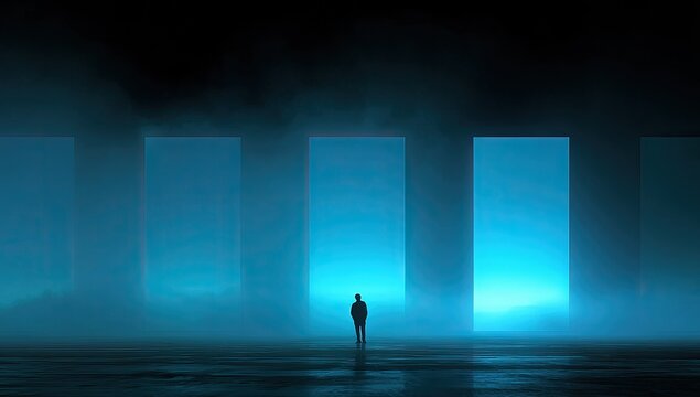 A solitary figure stands before glowing, ethereal portals in a darkened, minimalist space.