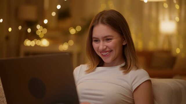 Young Lady Enjoying Evening Streaming. Cozy Scene Of Woman Smiling On Sofa During Online Chat Evening