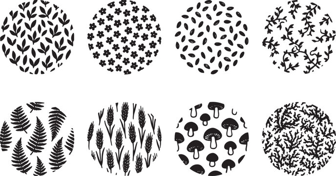 Collection of eight circular patterns featuring natural elements like leaves flowers wheat mushrooms and ferns