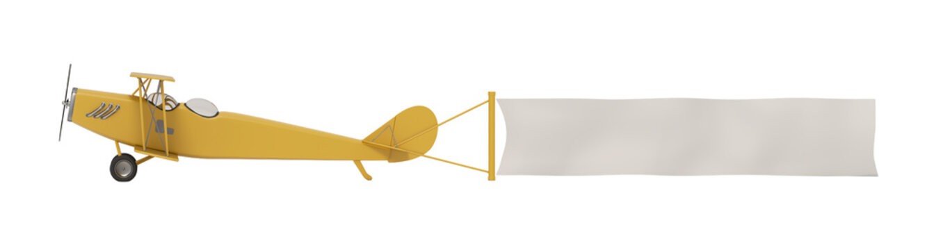 Retro airplane with blank banner isolated on transparent background. 3D illustration