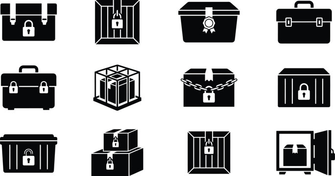 Secure shipping box icons set, locked cargo crate and delivery package vector symbols, black silhouette storage containers with padlocks