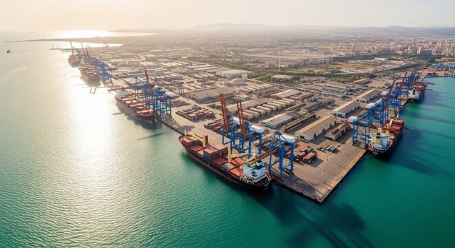 Aerial view of a busy container port with large cargo ships and cranes loading and unloading cargo