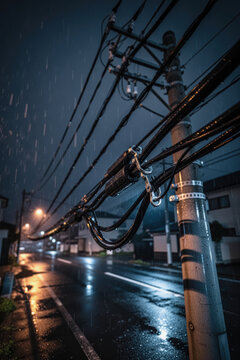 Power lines and utility pole in rainy nighttime street with reflective wet surfaces