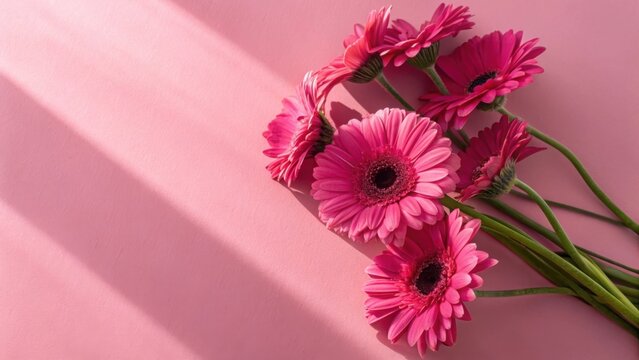 Pink gerbera daisies with delicate shadows on textured pink background delicate contrast textured