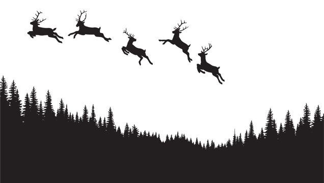 Deer silhouette scene with forest treeline and flying reindeer icons for winter holiday card background design