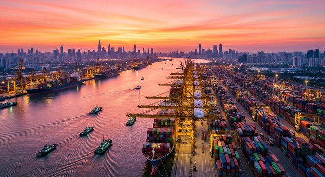 Aerial view of a busy container shipping port at sunset with city skyline and tugboats navigating