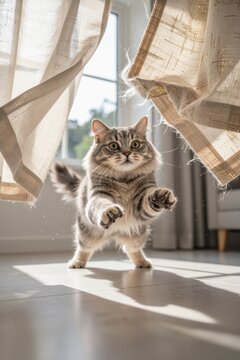 Cat pouncing across sunlit floor between billowing curtains with playful motion