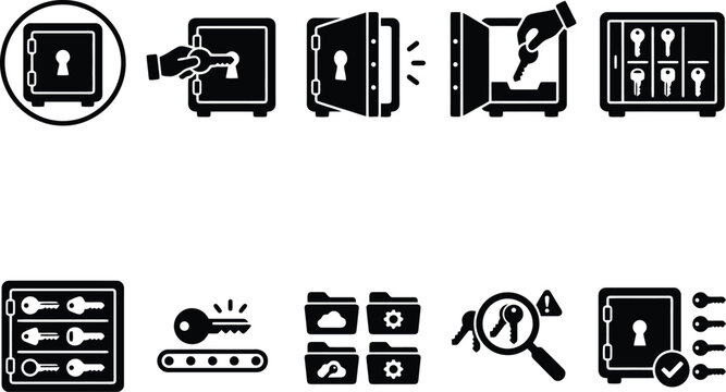 Security safe and key icons set, black solid vector symbols for bank vault and data protection, 10 flat glyph elements for financial privacy