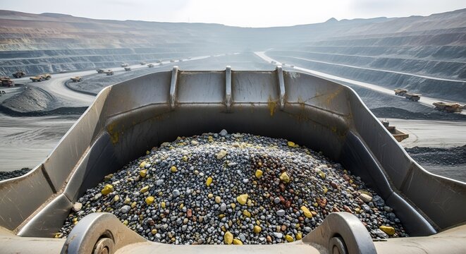 Excavator bucket filled with colorful mineral ores and rare earth rocks in a vast open-pit mine. Wide view of a terrace quarry with mining trucks operating in the background under daylight