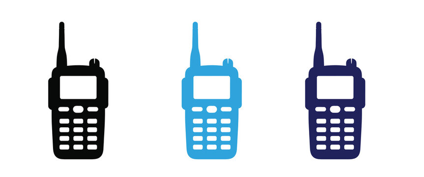 Collection of walkie talkie devices in black, blue, and dark blue colors