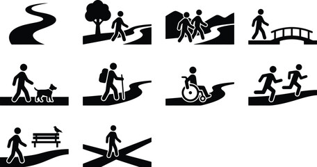 Walking path icons set, black park trail symbols, pedestrian way and hiking route pictograms, 10 outdoor activity vector elements for wayfinding © Insa Batool