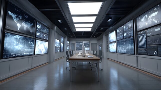 A sophisticated modern control center featuring walls of digital screens displaying complex global data and analytical dashboards