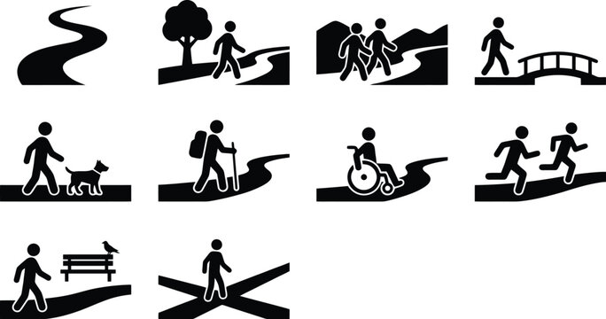Walking path icons set, black park trail symbols, pedestrian way and hiking route pictograms, 10 outdoor activity vector elements for wayfinding