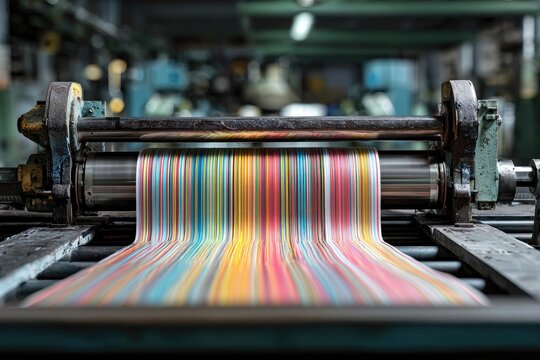 A vibrant, colorful paper roll emerges from a complex industrial printing machine, showcasing the intricate process of large-scale printing and manufacturing.