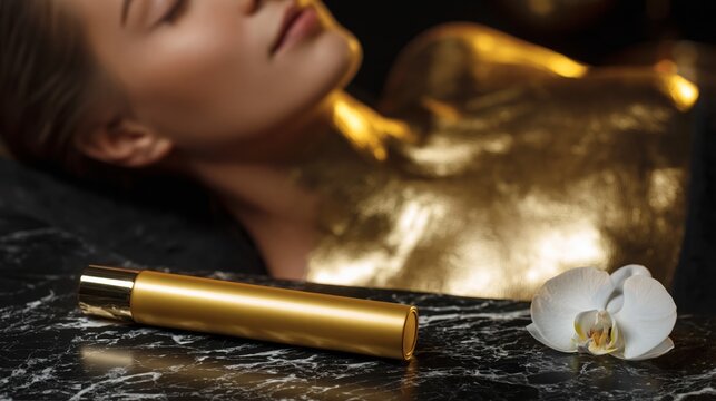 A luxury gold firming neck mask application.
