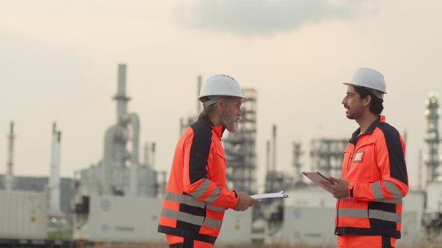 Two engineers collaborating on-site, analyzing project data on a tablet for quality control during a safety inspection at a petrochemical refinery.
