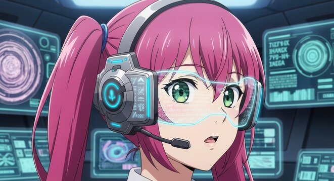 Digital young woman with pink hair wears futuristic goggles and a headset in a high-tech control room.
