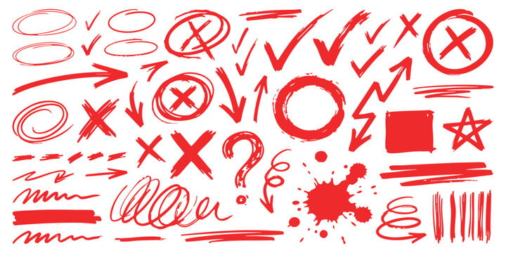 Set of hand drawn red markers arrows circles check marks crosses and scribbles for note taking and editing