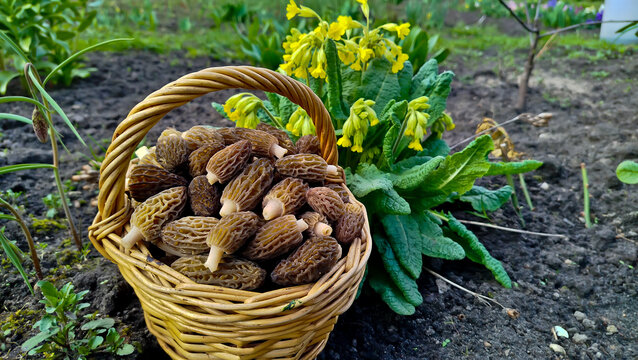 Little Morels. Morchella is a delicacy mushroom. It grows in the forest in spring. The mushroom is brown. morel mushrooms, mushrooms in the forest, 
