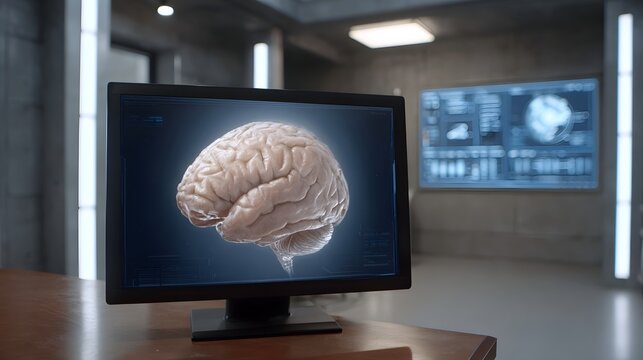 Sophisticated visual representation of the human cerebrum detailing cognitive function on a high tech display screen