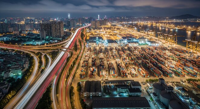 Aerial view of a busy port at night with glowing lights, shipping containers, and light trails