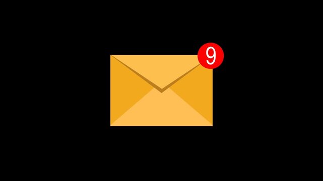 Animated, yellow, email, envelope, with, red, notification, badge, number, 9, unread, messages, minimalist, flat, design, on, black, background, professional, video.
